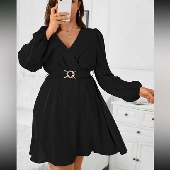 Plus size burgundy surplice neck lantern sleeve belted dress - Picture 9 of 15